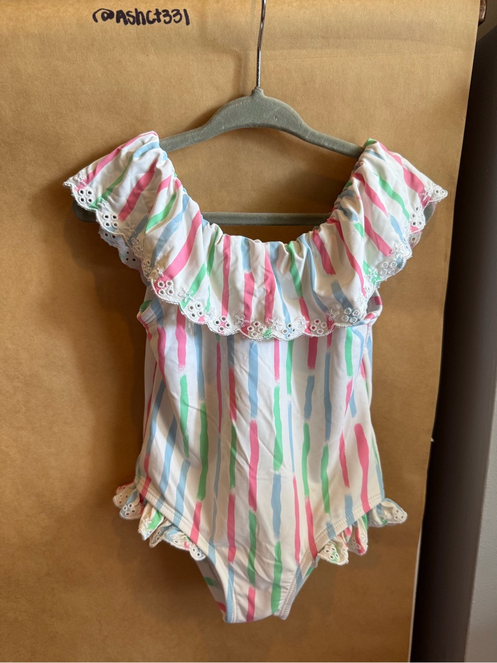 Ruffled Stripe Little Girl’s One Piece Swim with Pastel Pink, Blue & Green